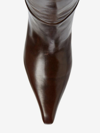 ブラウン スラウチ ニーハイブーツ ポインテッドトゥ ミッドヒールブーツ