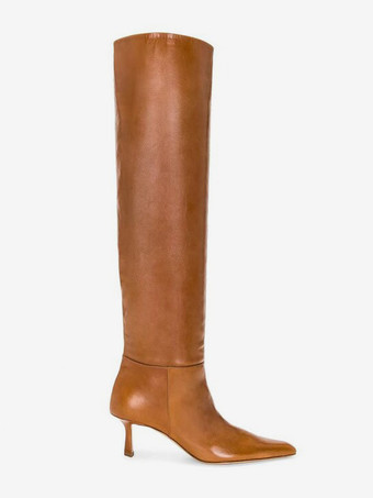 ブラウン スラウチ ニーハイブーツ ポインテッドトゥ ミッドヒールブーツ