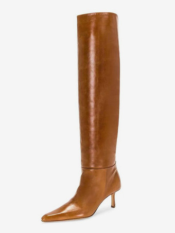 ブラウン スラウチ ニーハイブーツ ポインテッドトゥ ミッドヒールブーツ