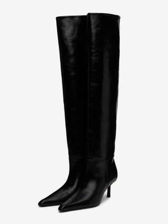 ブラウン スラウチ ニーハイブーツ ポインテッドトゥ ミッドヒールブーツ