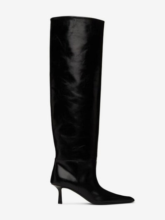 ブラウン スラウチ ニーハイブーツ ポインテッドトゥ ミッドヒールブーツ