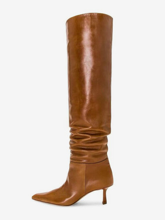 チョコレートブラウン スラウチ ニーハイブーツ ポインテッドトゥ ミッドヒールブーツ