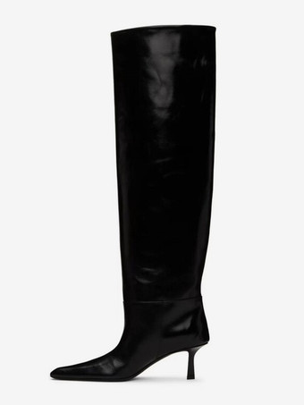 ブラック ブラウン スラウチ ニーハイブーツ ポインテッドトゥ ミッドヒールブーツ