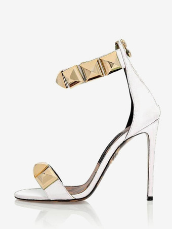 ホワイト ハイヒールサンダル スタッド オープントゥ スティレットヒール パーティーシューズ