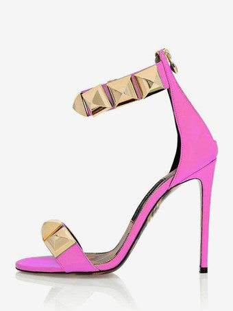 ピンクハイヒールサンダル スタッド オープントゥ スティレットヒール パーティーシューズ