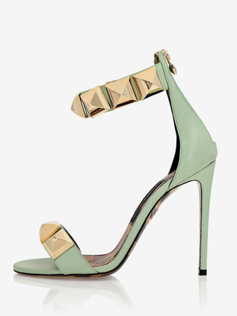 グリーン ハイヒールサンダル スタッド オープントゥ スティレットヒール パーティーシューズ