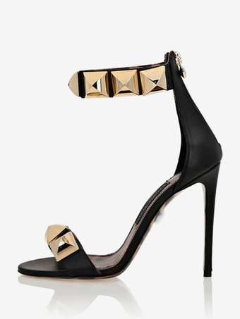 ブラック ハイヒールサンダル スタッド オープントゥ スティレットヒール パーティーシューズ