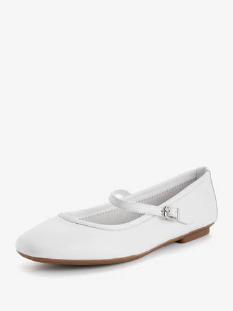 ホワイト シルバー メリージェーン フラット スクエアトゥ バックル バレエ フラット