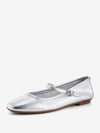シルバー シルバー メリージェーン フラット スクエアトゥ バックル バレエ フラット