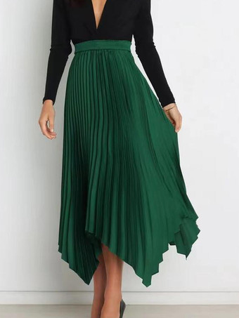 ダークグリーンカジュアルスカート ヴィンテージ アコーディオン プリーツ ハンカチーフ ロングスカートワインレッド