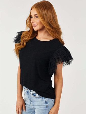 ホワイトTシャツ フリル 半袖 ラウンドネック カジュアルTシャツ