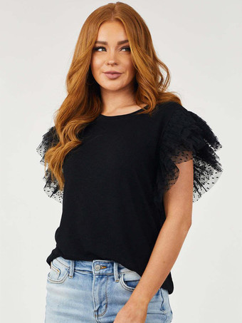 ホワイトTシャツ フリル 半袖 ラウンドネック カジュアルTシャツ