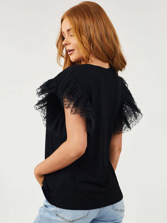 ホワイトTシャツ フリル 半袖 ラウンドネック カジュアルTシャツ