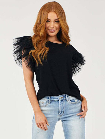 ブラック ホワイトTシャツ フリル 半袖 ラウンドネック カジュアルTシャツ