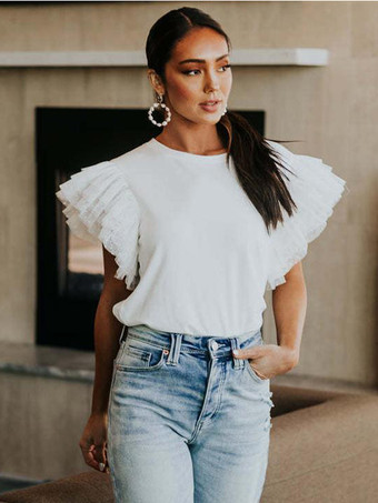 ホワイトTシャツ フリル 半袖 ラウンドネック カジュアルTシャツ