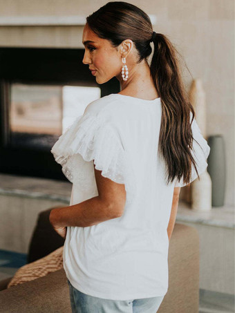 ホワイトTシャツ フリル 半袖 ラウンドネック カジュアルTシャツ