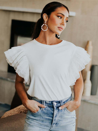 ホワイト ホワイトTシャツ フリル 半袖 ラウンドネック カジュアルTシャツ