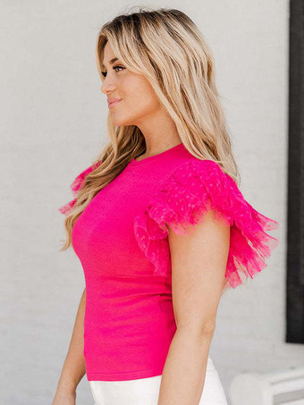 ローズレッドホワイトTシャツ フリル 半袖 ラウンドネック カジュアルTシャツ