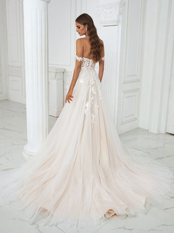 トレーン付きウェディングドレス Aライン ノースリーブ レース スウィートハートネック ブライダルドレス