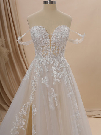 トレーン付きウェディングドレス Aライン ノースリーブ レース スウィートハートネック ブライダルドレス