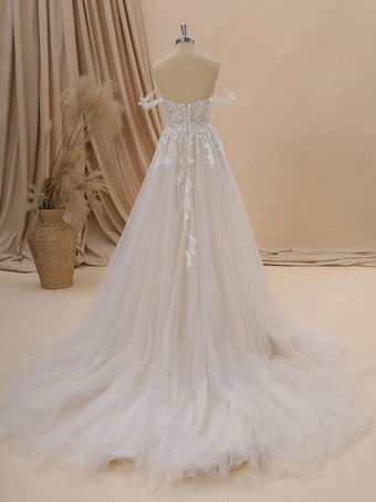 トレーン付きウェディングドレス Aライン ノースリーブ レース スウィートハートネック ブライダルドレス