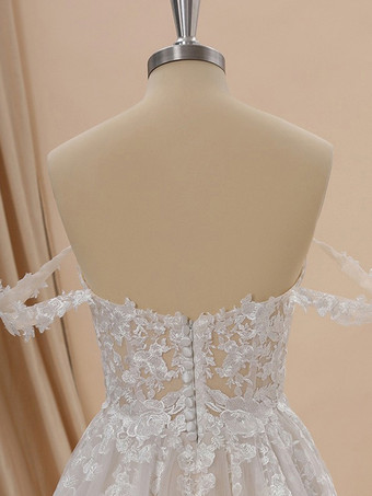 トレーン付きウェディングドレス Aライン ノースリーブ レース スウィートハートネック ブライダルドレス