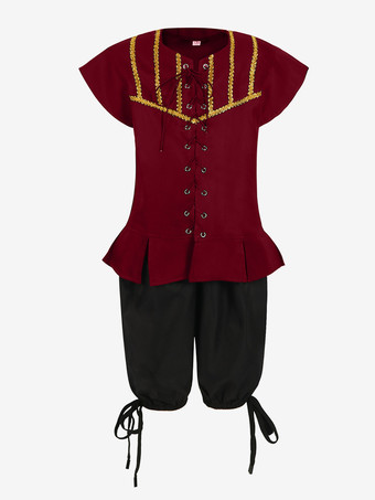 レッド ブラック ヴィンテージ セット レトロ ポリエステル 半袖 男性用レトロコスチューム バーガンディ