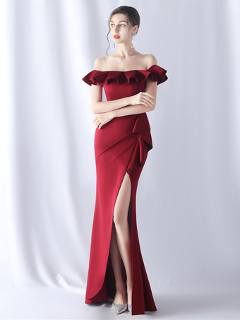 ワインレッド パーティードレス オフショルダー エレガントなフリル ハイスリット セクシー マキシドレス