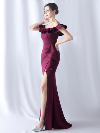 パーティードレス オフショルダー エレガントなフリル ハイスリット セクシー マキシドレス