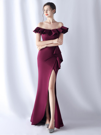 パープル パーティードレス オフショルダー エレガントなフリル ハイスリット セクシー マキシドレス
