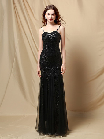 ブラック パーティードレス スパゲッティストラップ チュール スパンコール エレガント ロング マーメイドドレス ワインレッド