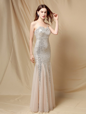 シルバー パーティードレス スパゲッティストラップ チュール スパンコール エレガント ロング マーメイドドレス ワインレッド