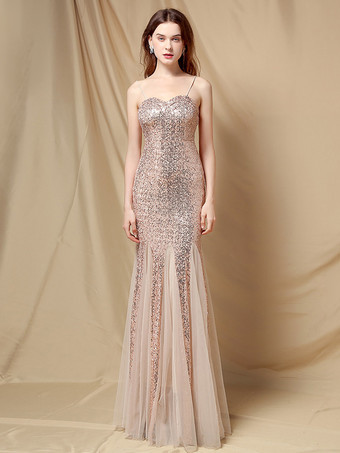 ゴールド パーティードレス スパゲッティストラップ チュール スパンコール エレガント ロング マーメイドドレス ワインレッド