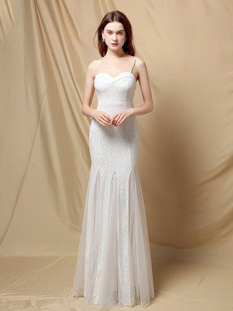 ホワイト パーティードレス スパゲッティストラップ チュール スパンコール エレガント ロング マーメイドドレス ワインレッド