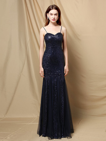 ダークネイビーパーティードレス スパゲッティストラップ チュール スパンコール エレガント ロング マーメイドドレス ワインレッド