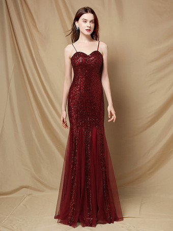 ワインレッド パーティードレス スパゲッティストラップ チュール スパンコール エレガント ロング マーメイドドレス ワインレッド
