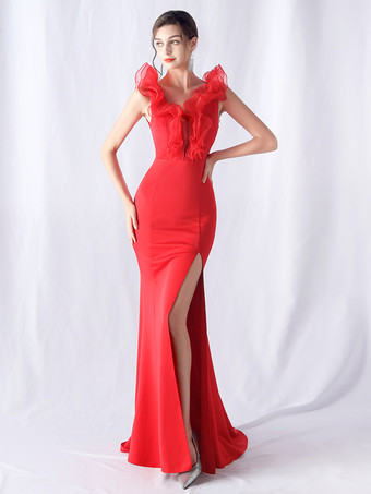 レッドパーティードレス エレガントなフリル ネックライン ハイスリット マキシドレス