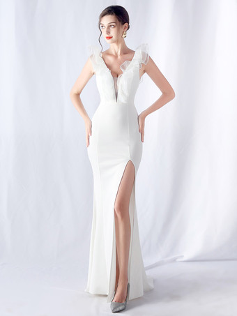 ホワイト パーティードレス エレガントなフリル ネックライン ハイスリット マキシドレス