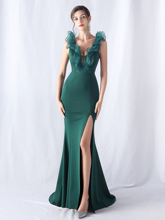 グリーン パーティードレス エレガントなフリル ネックライン ハイスリット マキシドレス