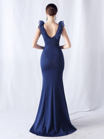 パーティードレス エレガントなフリル ネックライン ハイスリット マキシドレス