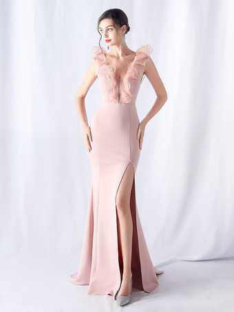 サーモンピンクパーティードレス エレガントなフリル ネックライン ハイスリット マキシドレス