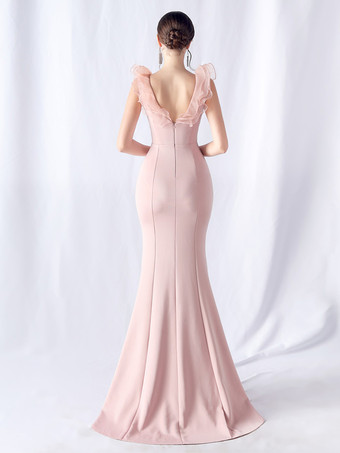 パーティードレス エレガントなフリル ネックライン ハイスリット マキシドレス