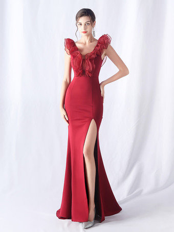 ワインレッド パーティードレス エレガントなフリル ネックライン ハイスリット マキシドレス