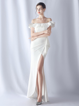 ホワイト パーティードレス オフショルダー エレガントなフリル ハイスリット セクシー マキシドレス