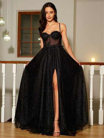 プロムドレス Aライン スウィートハートネック レース ノースリーブ スプリットフロント パーティードレス