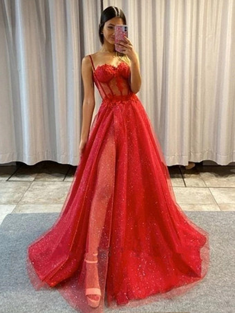 レッド プロムドレス Aライン スウィートハートネック レース ノースリーブ スプリットフロント パーティードレス