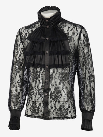 ブラック ヴィンテージ トップ レトロ 長袖 ポリエステル ポリエステル ファイバー シャツ レトロ コスチューム 男性用