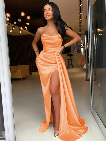 ブリックレッドイブニングドレス シース バトーネック 伸縮性のある織りサテン トレーン付き フロントスプリット フォーマル パーティードレス