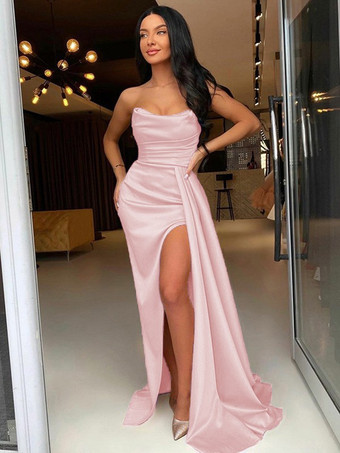 ソフトピンクイブニングドレス シース バトーネック 伸縮性のある織りサテン トレーン付き フロントスプリット フォーマル パーティードレス
