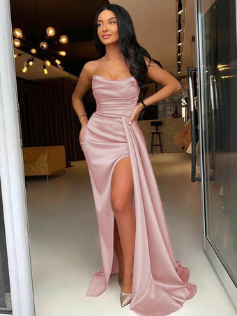 サーモンピンクイブニングドレス シース バトーネック 伸縮性のある織りサテン トレーン付き フロントスプリット フォーマル パーティードレス